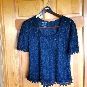 Brilliante by J.A. Embellished Lined Black Lace Zippered Sz. MP Blouse Tunic